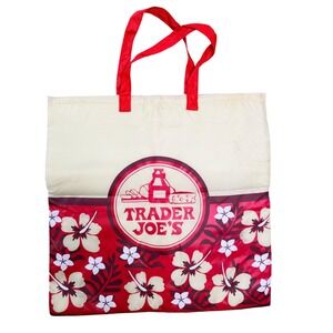 Trader Joe's Insulated Reusable Grocery Bag Red Hibiscus Floral Tote Zipper Top‎